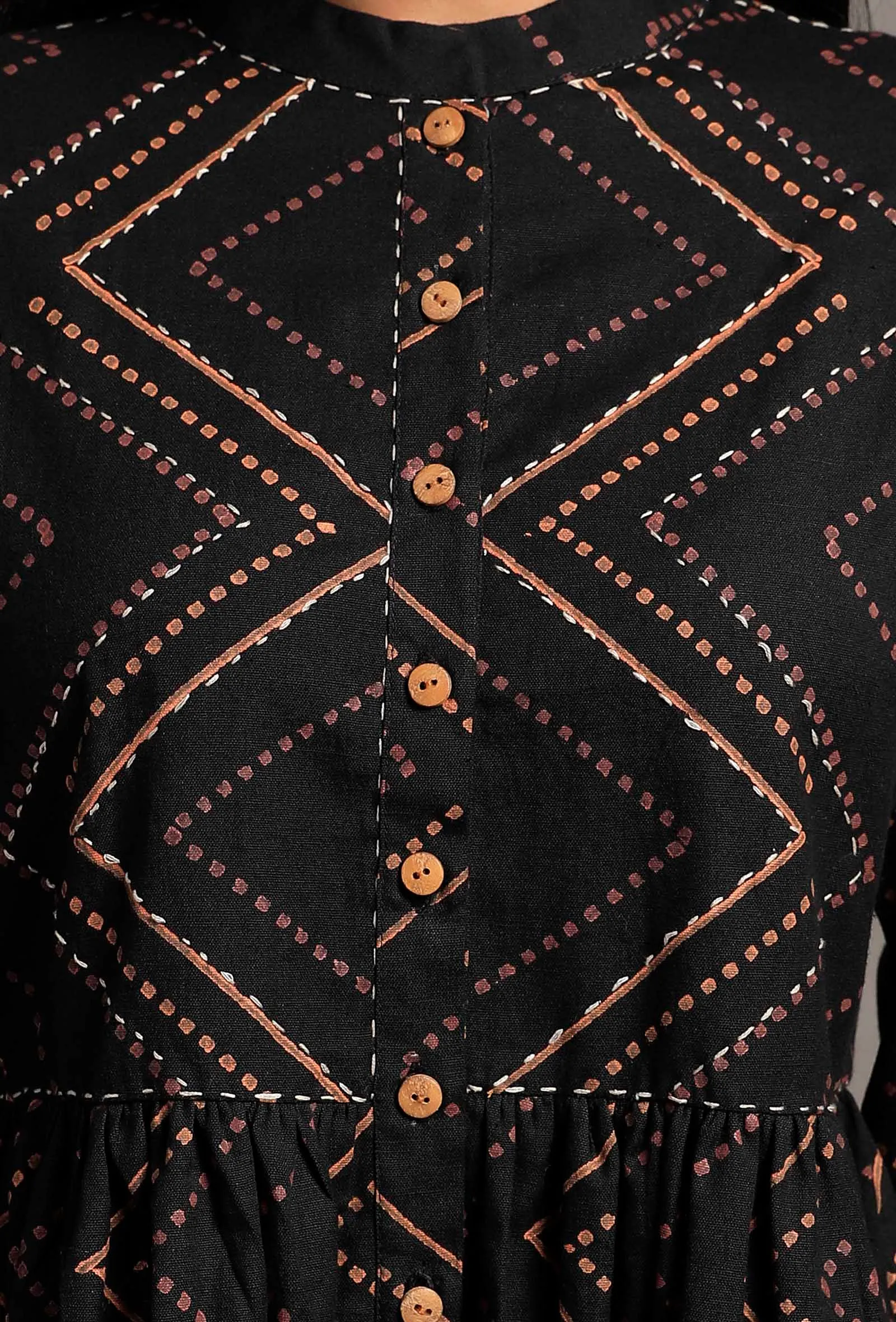 Set of 2: Black Hand Block Printed Gathered Buttoned Shirt with Black Narrow Pants