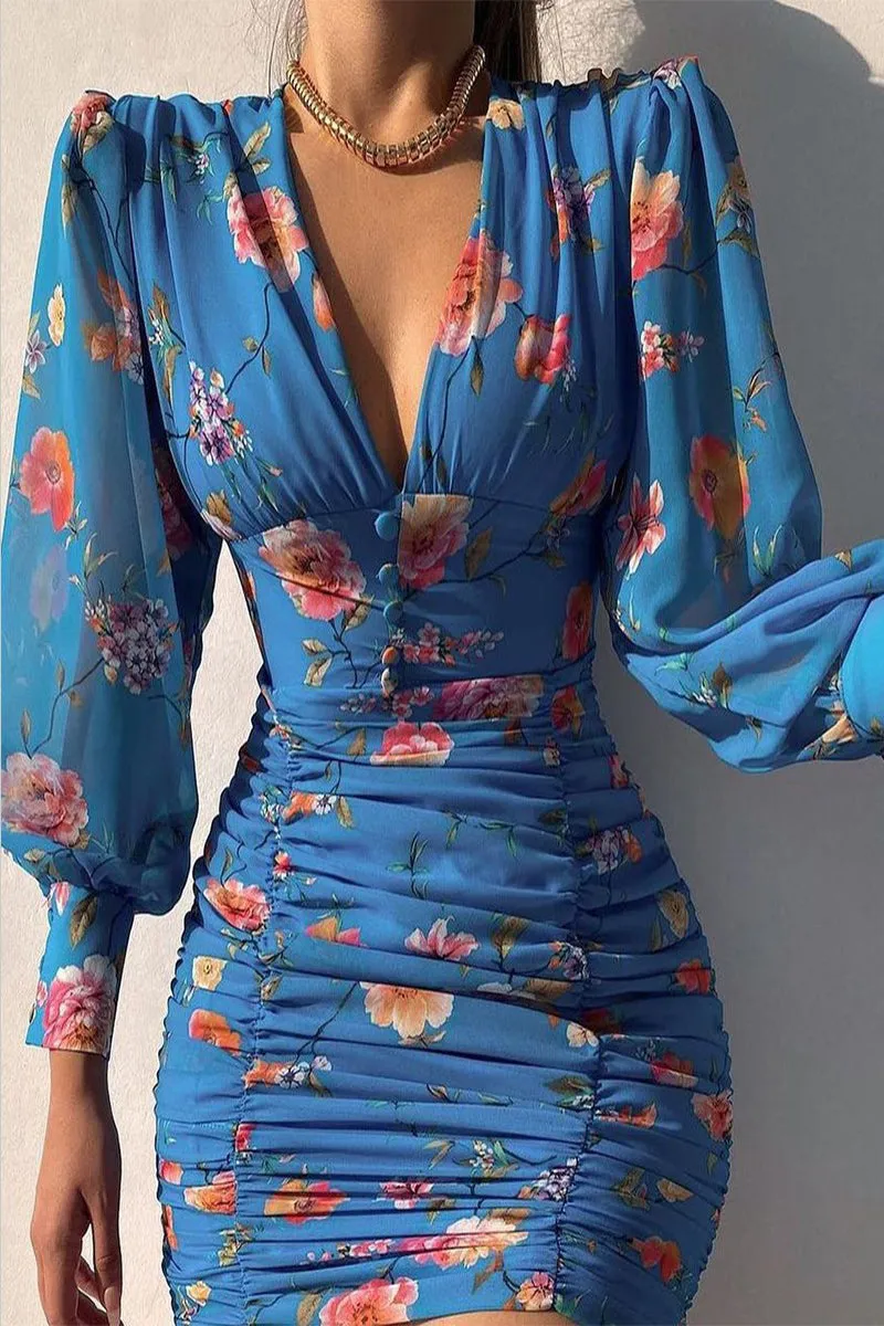 Sexy Elegant Print Patchwork V Neck Pleated Dresses