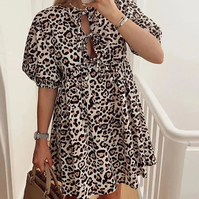 Sexy Leopard Print Puff Sleeve Solid Party Dress New 2024 Elegant Elegant Dress