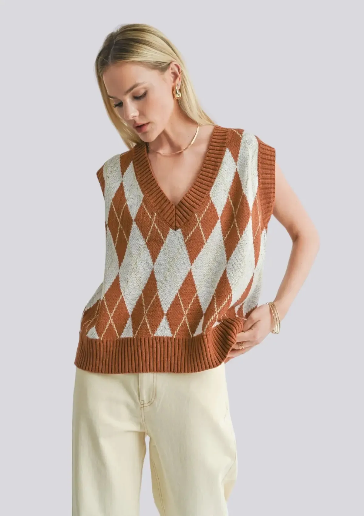 Shawna Argyle Sweater Vest - Brown Multi