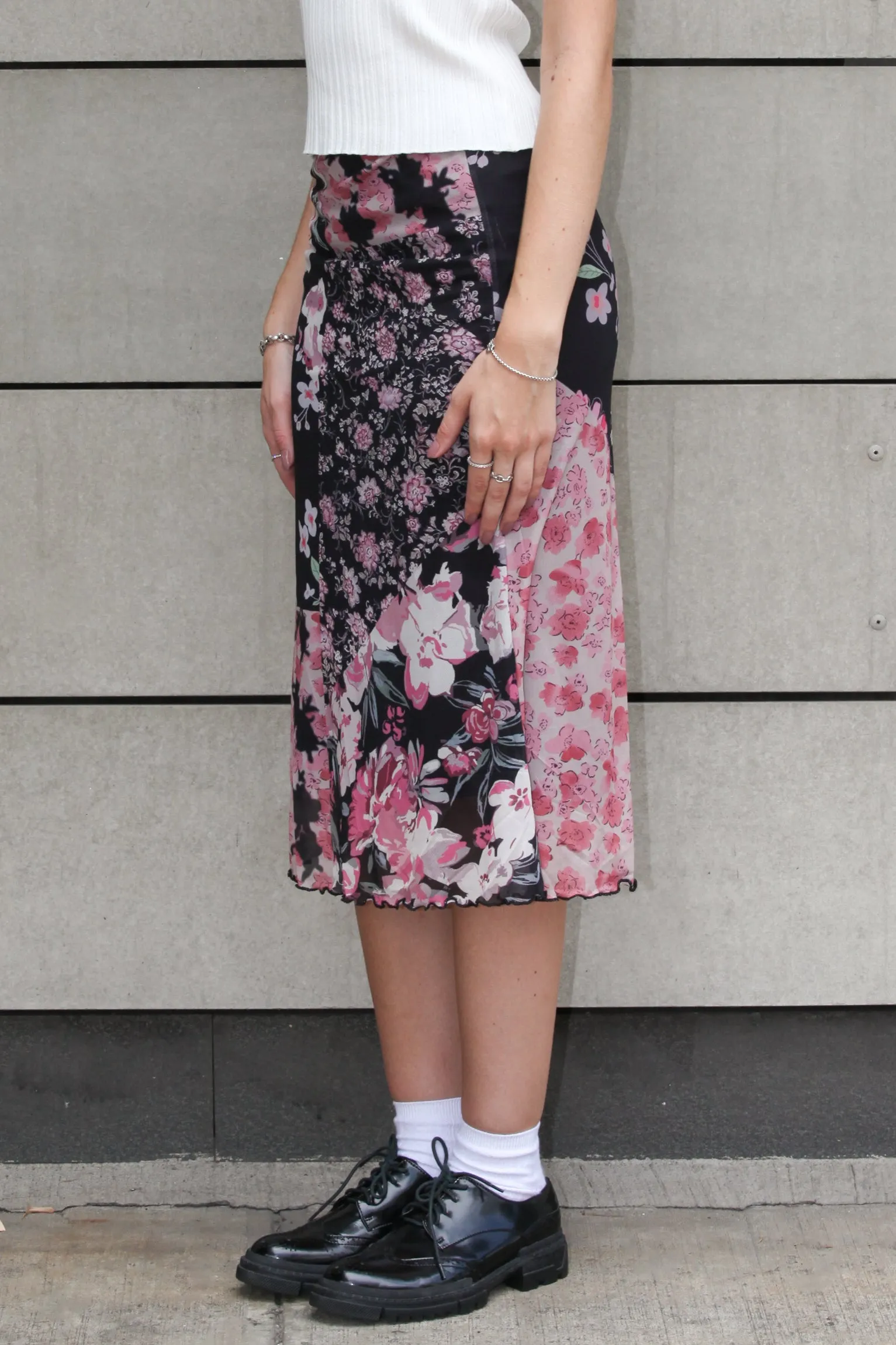 Silk Floral Black Midi Skirt