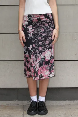 Silk Floral Black Midi Skirt