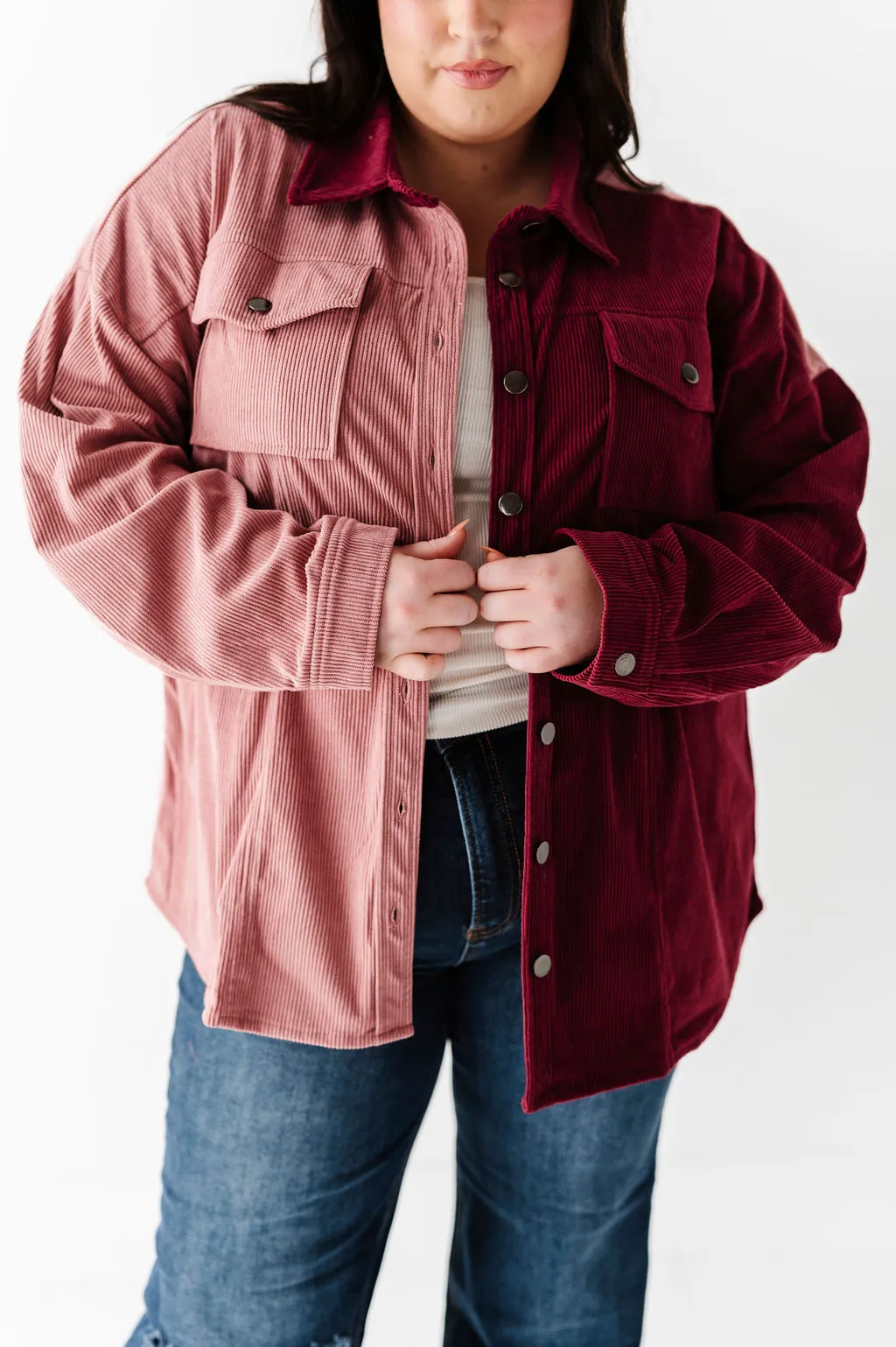 Ty Corduroy Shacket in Burgundy Colorblock