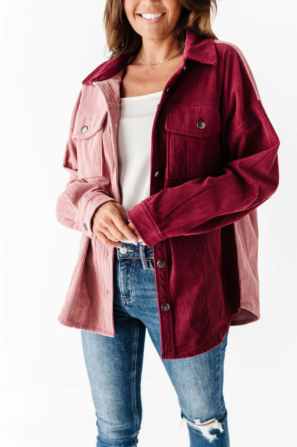 Ty Corduroy Shacket in Burgundy Colorblock