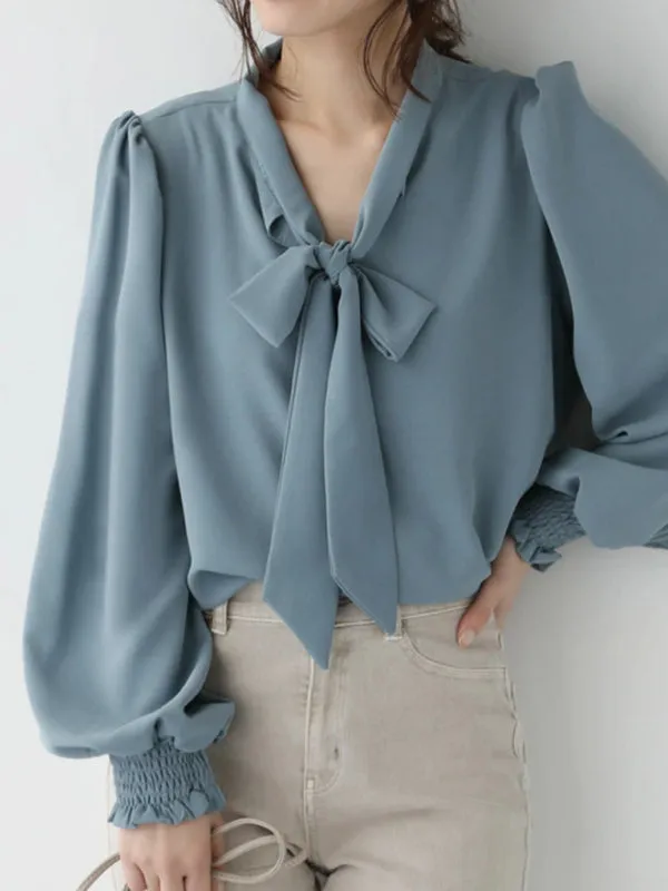 Urban 4 Colors Split-Side Tied Puff Sleeves Blouse