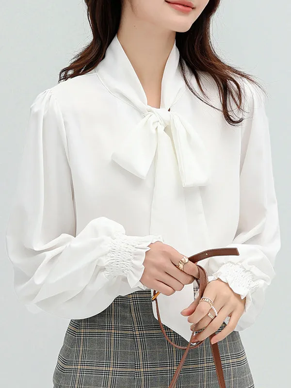 Urban 4 Colors Split-Side Tied Puff Sleeves Blouse