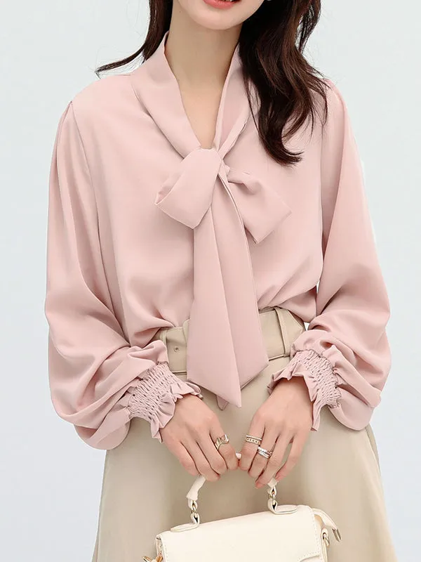 Urban 4 Colors Split-Side Tied Puff Sleeves Blouse