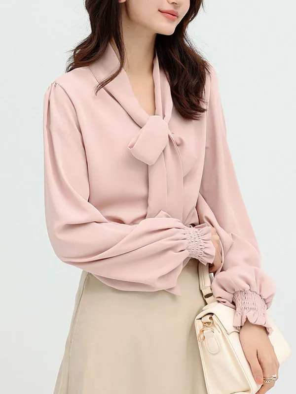 Urban 4 Colors Split-Side Tied Puff Sleeves Blouse