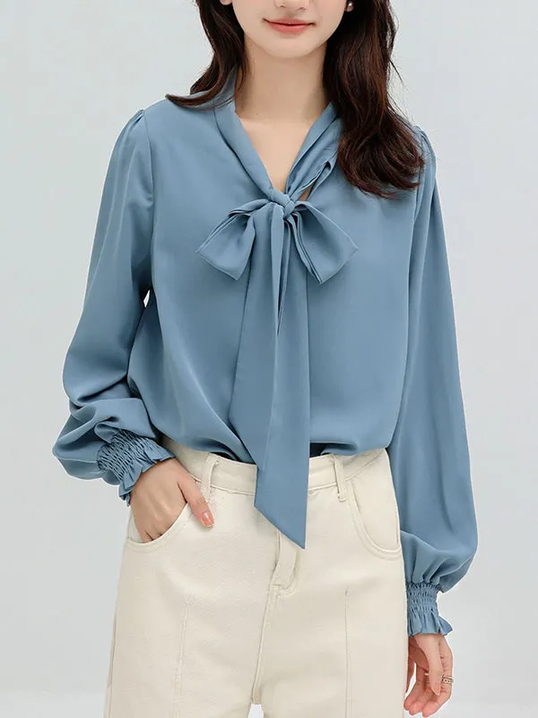 Urban 4 Colors Split-Side Tied Puff Sleeves Blouse