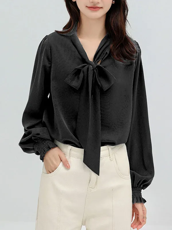 Urban 4 Colors Split-Side Tied Puff Sleeves Blouse