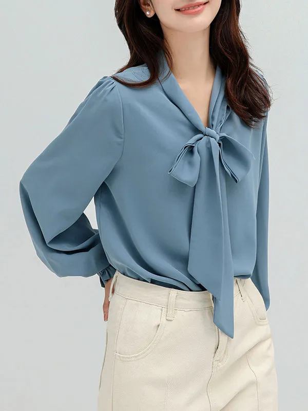 Urban 4 Colors Split-Side Tied Puff Sleeves Blouse