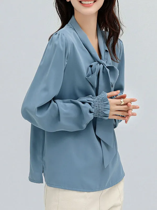 Urban 4 Colors Split-Side Tied Puff Sleeves Blouse