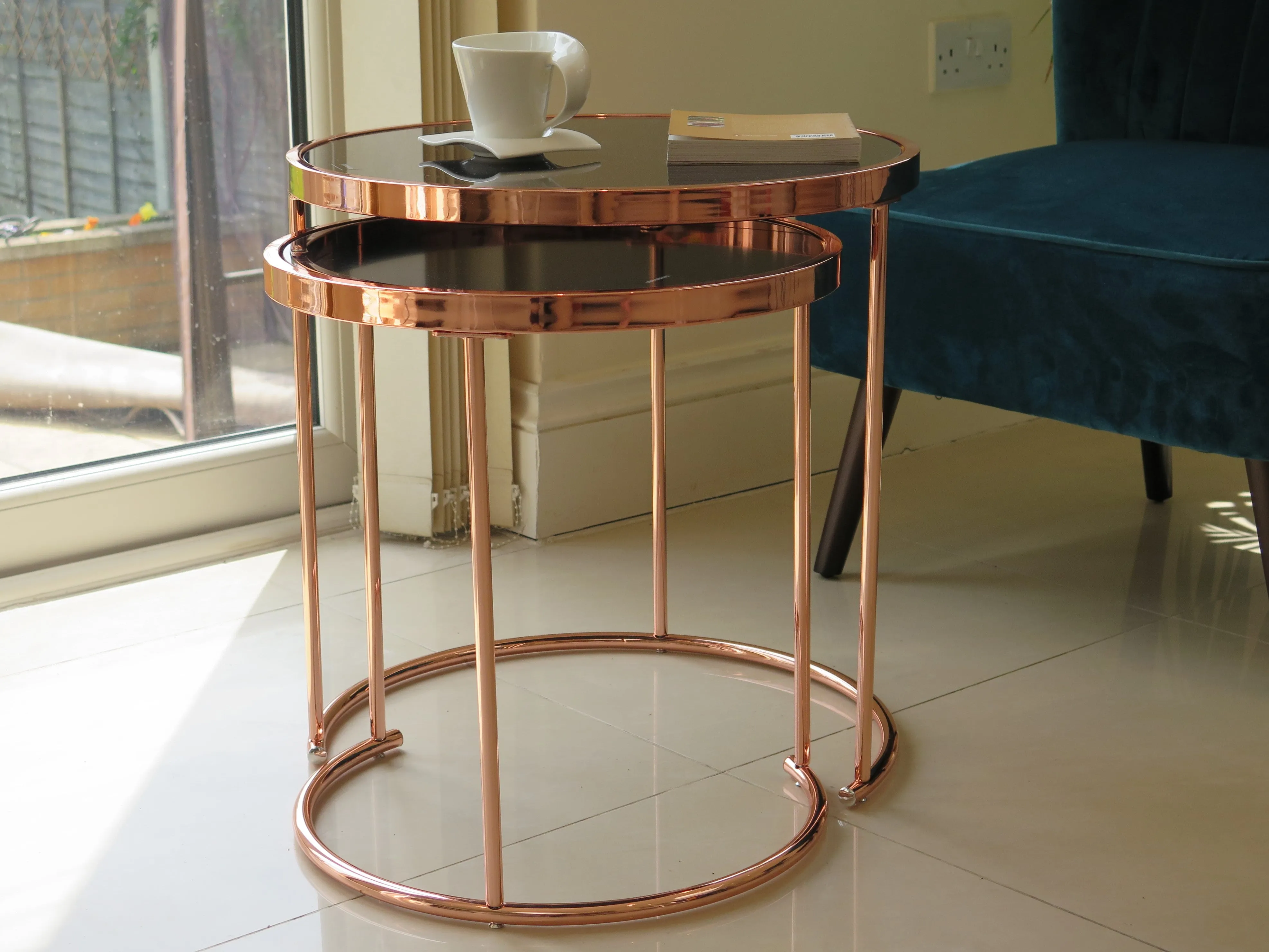 Visio Set of 2 Round Nesting Tables- Black Glass Top/Copper Frame