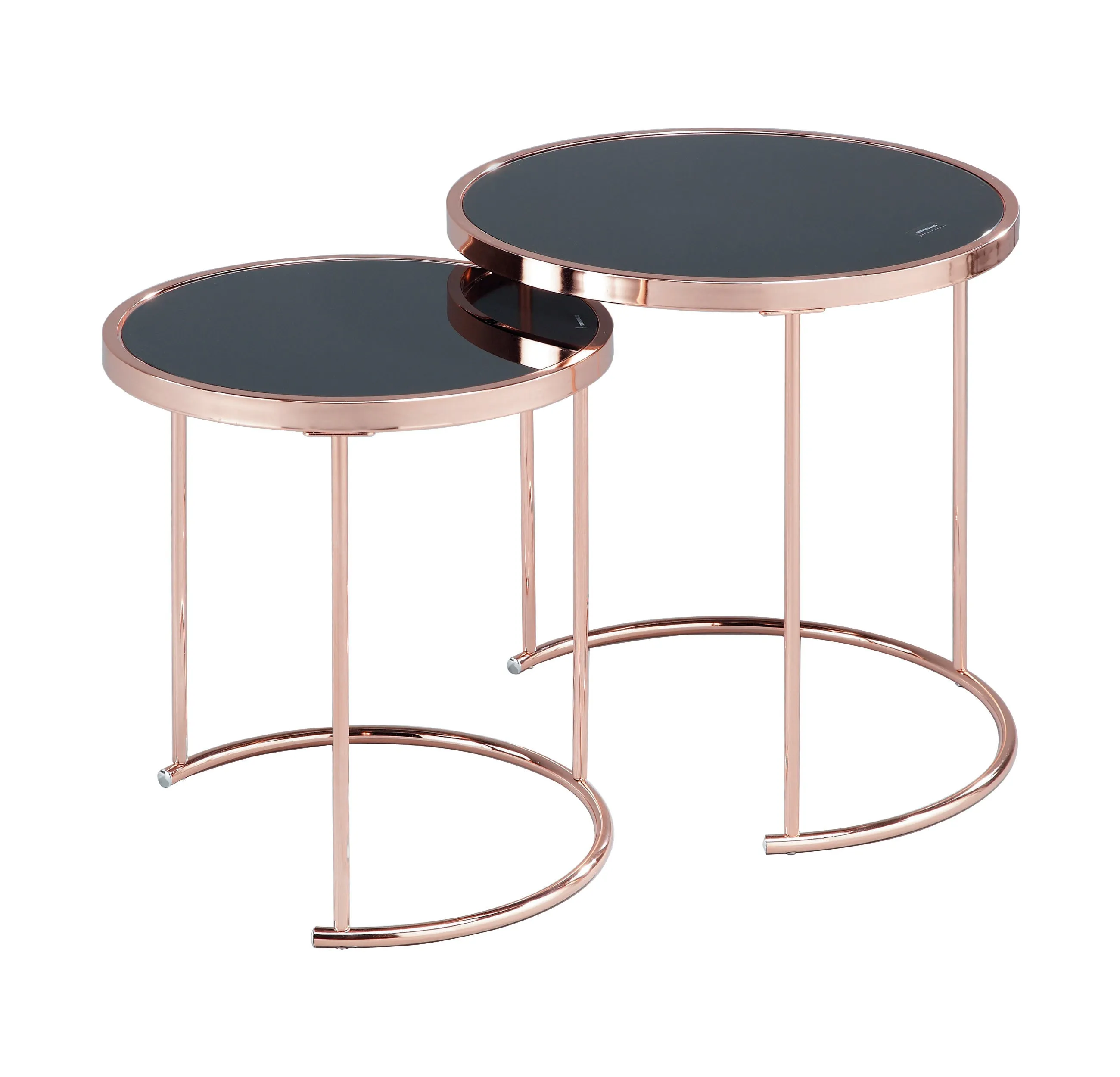 Visio Set of 2 Round Nesting Tables- Black Glass Top/Copper Frame