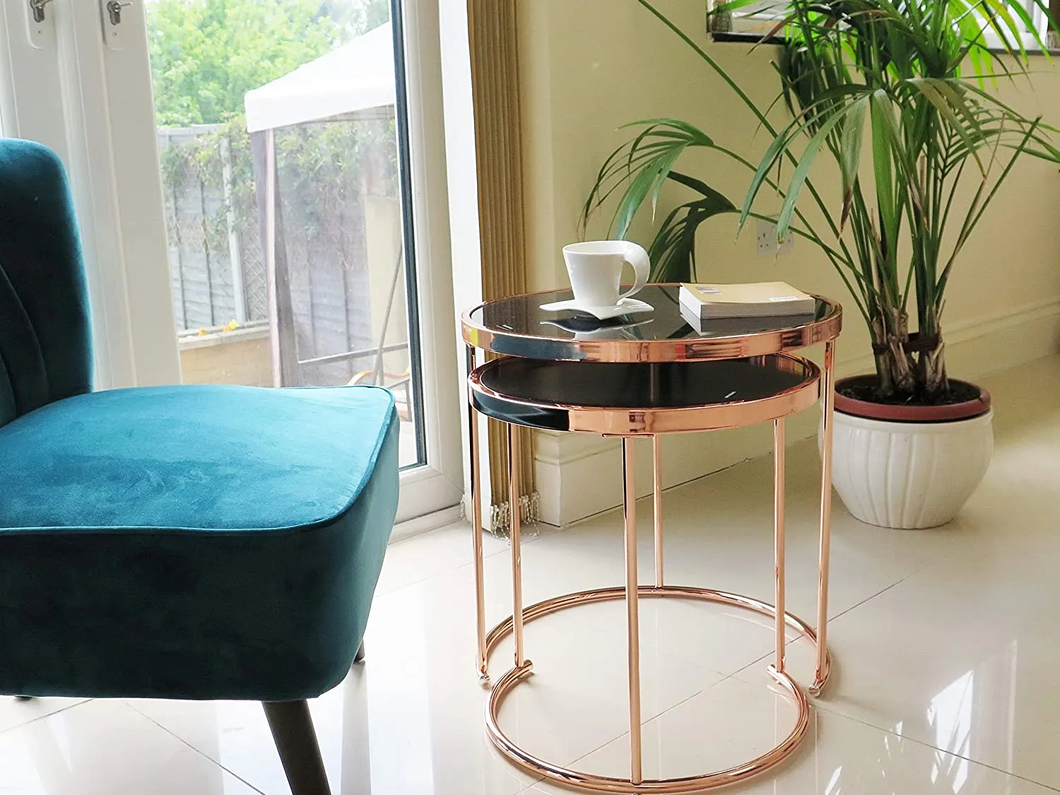 Visio Set of 2 Round Nesting Tables- Black Glass Top/Copper Frame