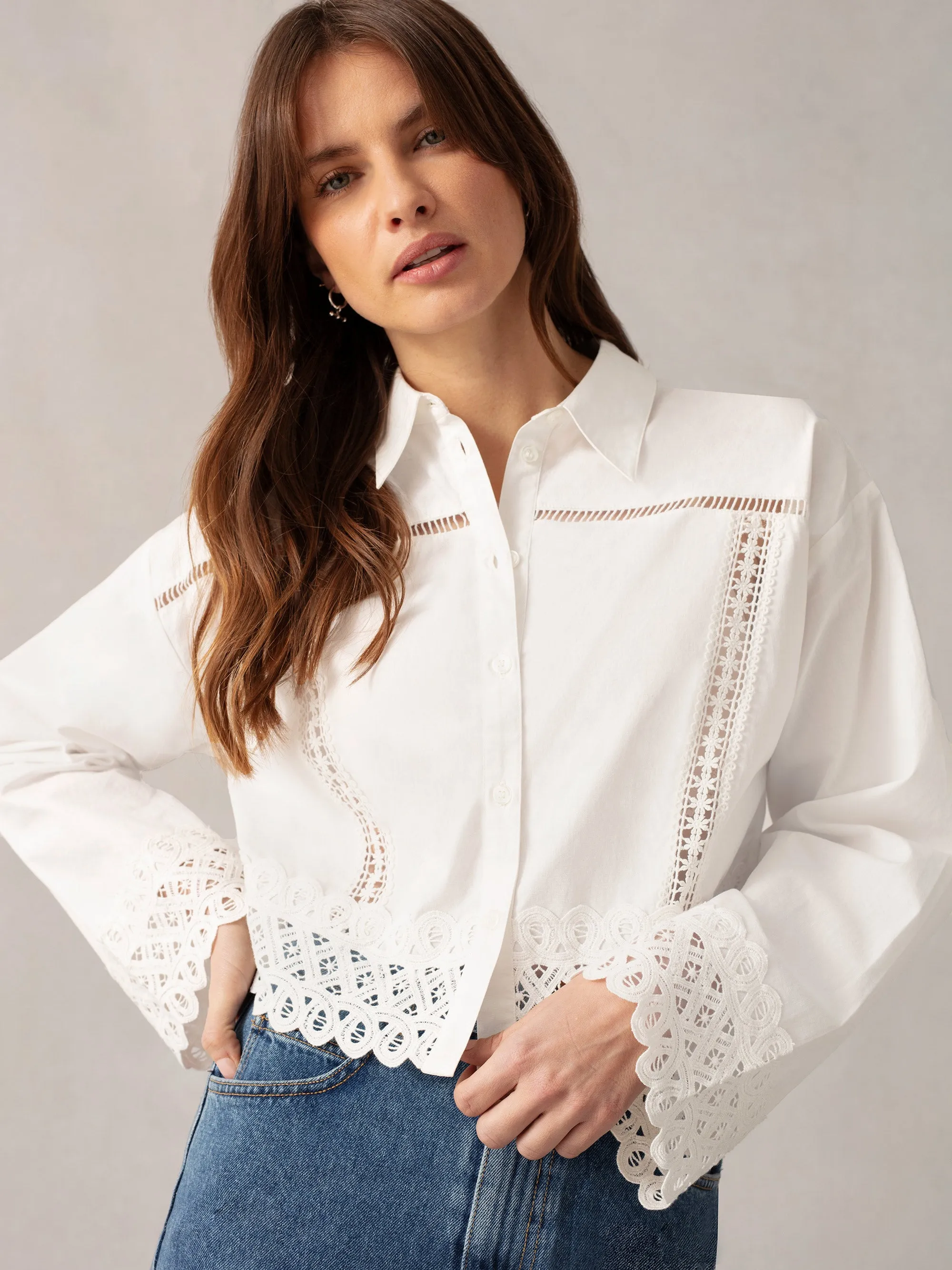 White Cropped Crochet Trim Shirt