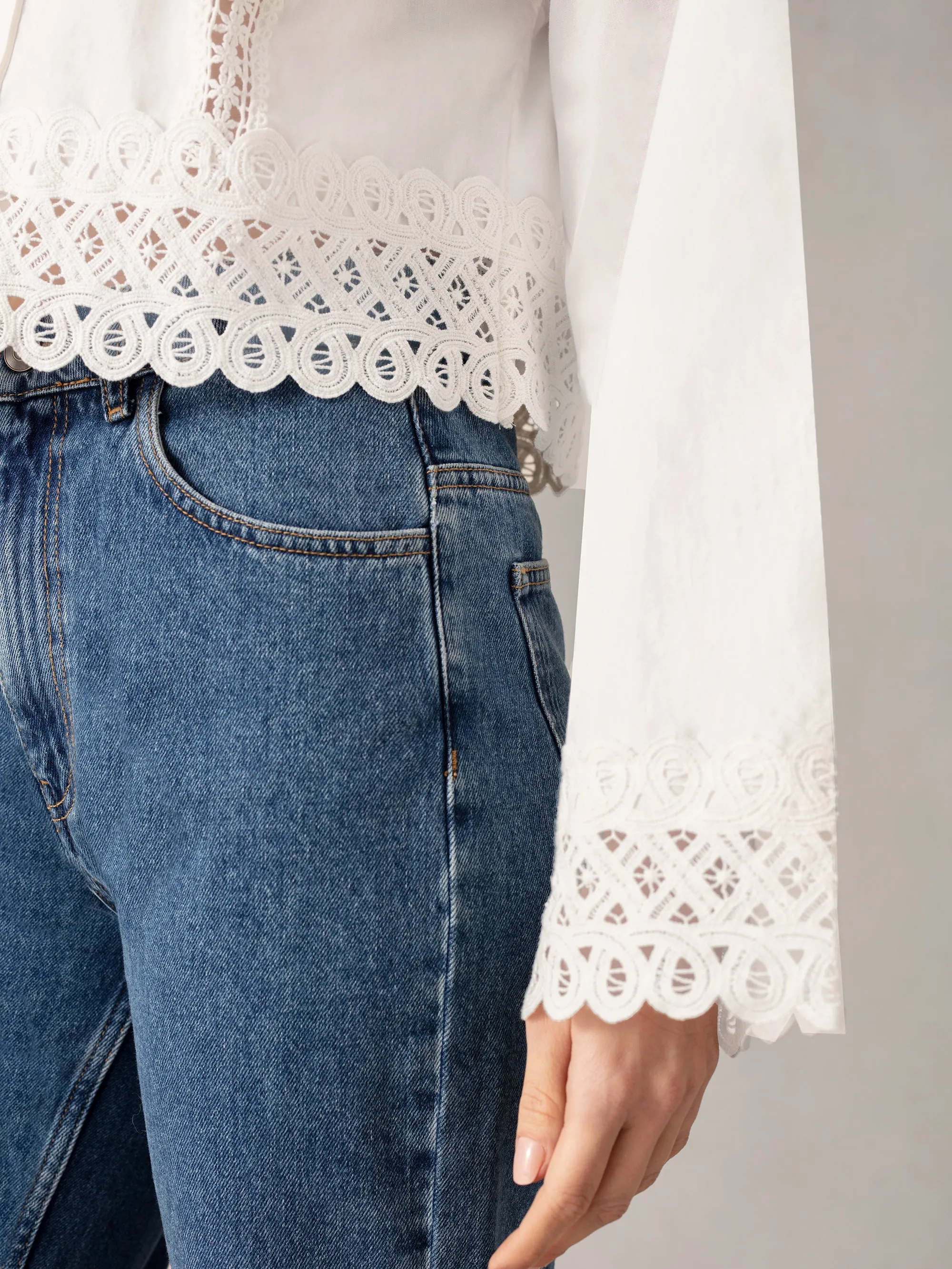 White Cropped Crochet Trim Shirt