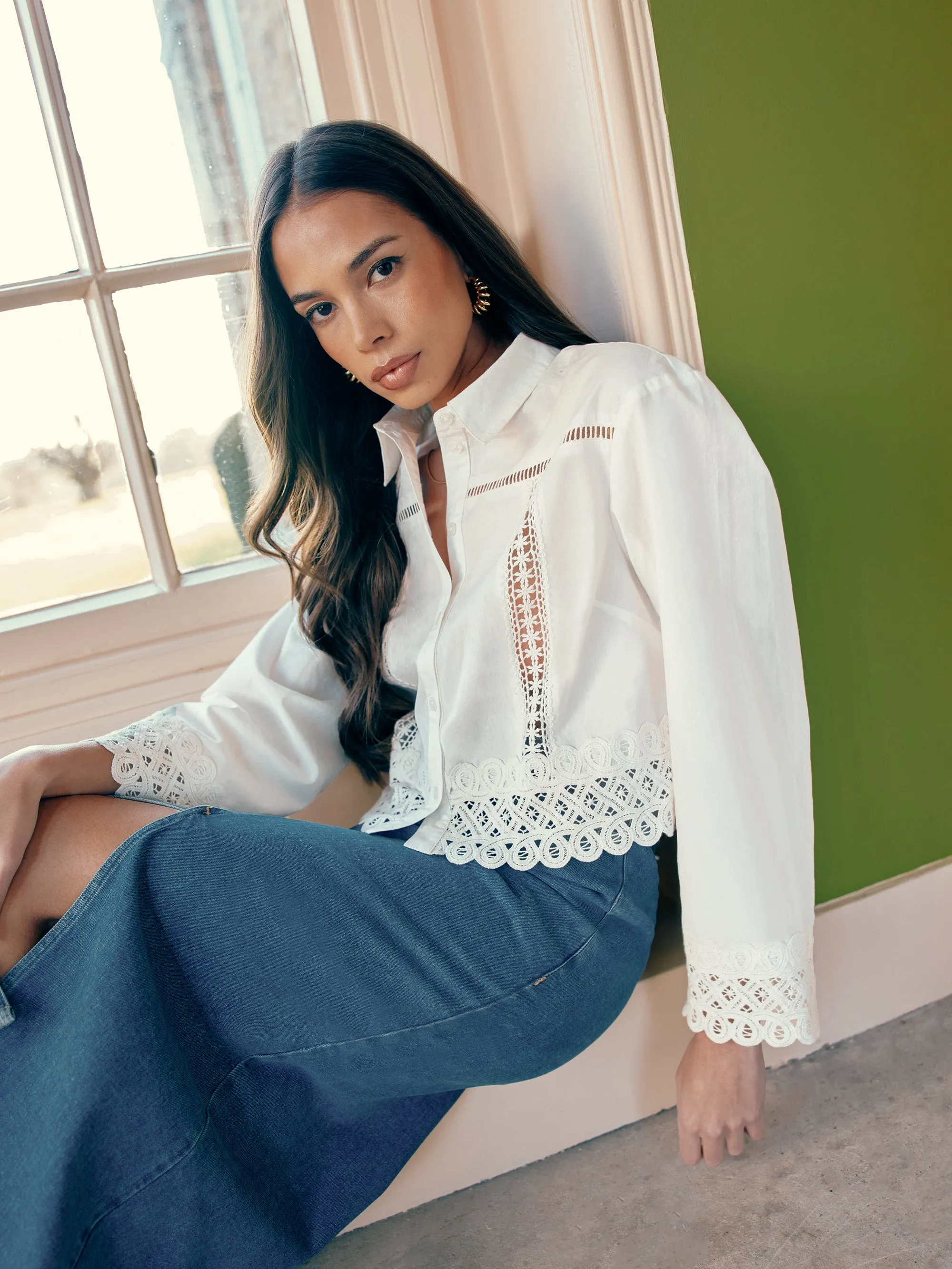 White Cropped Crochet Trim Shirt