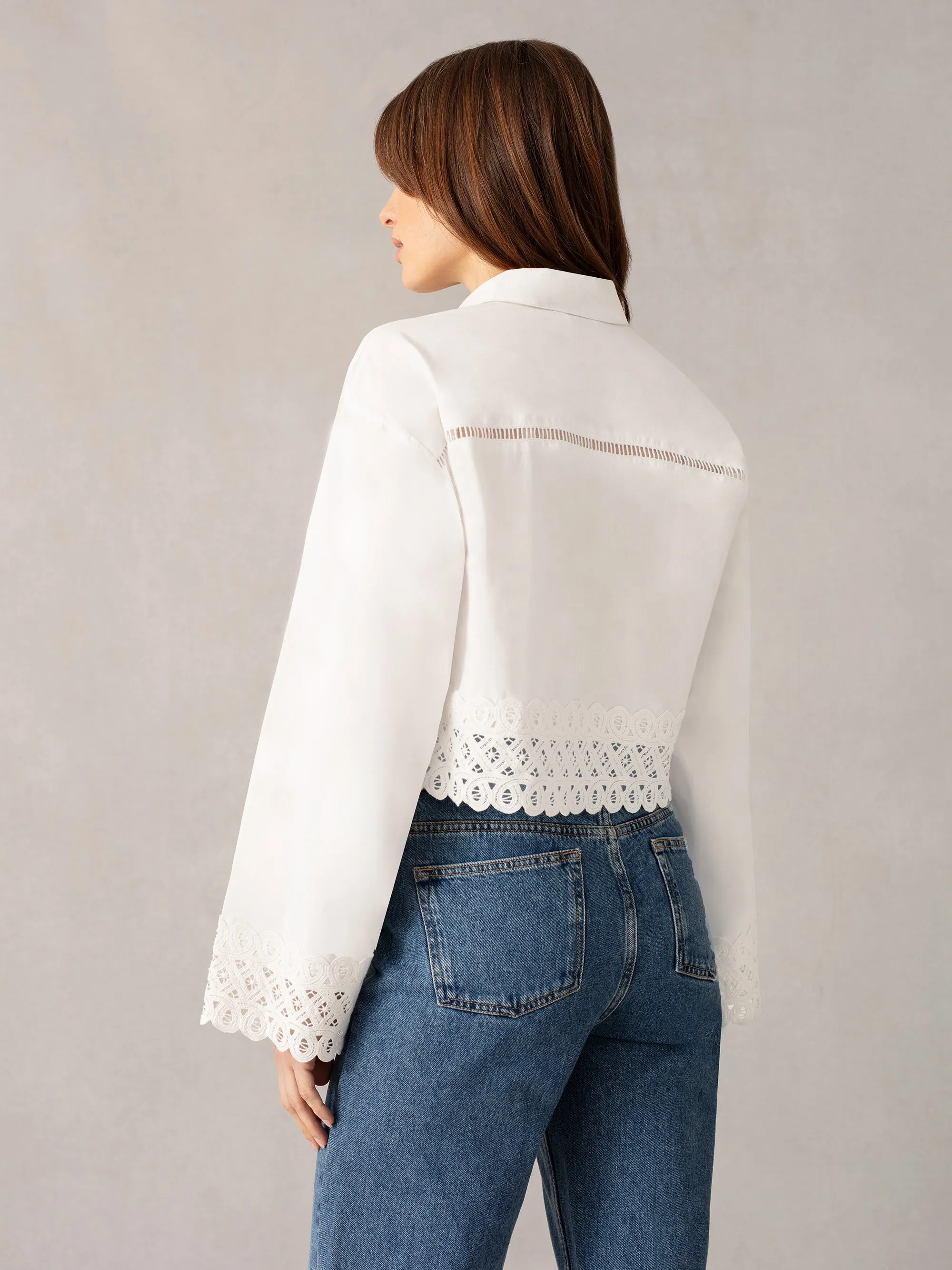 White Cropped Crochet Trim Shirt