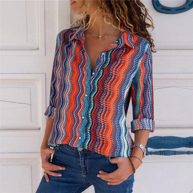 Women Blouse Long Sleeve Turn-Down Collar Office Chiffon Shirt