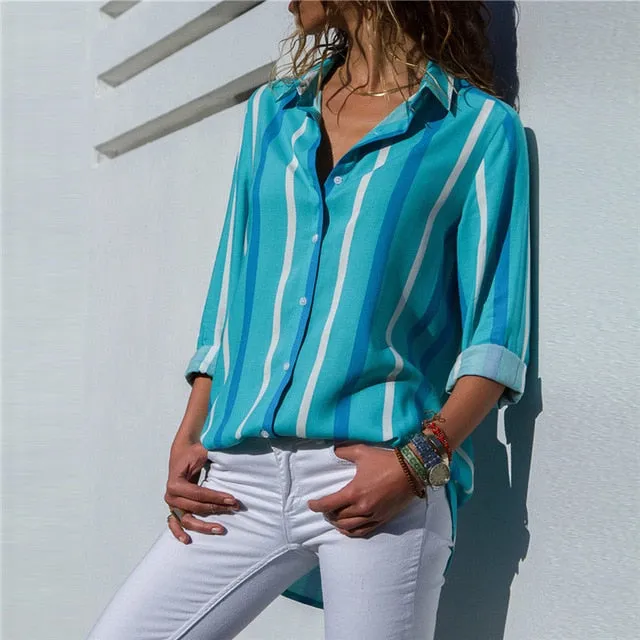 Women Blouse Long Sleeve Turn-Down Collar Office Chiffon Shirt