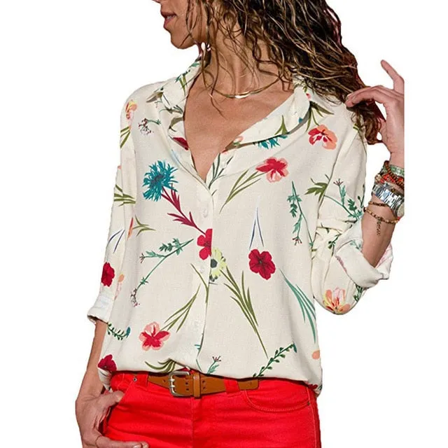 Women Blouse Long Sleeve Turn-Down Collar Office Chiffon Shirt