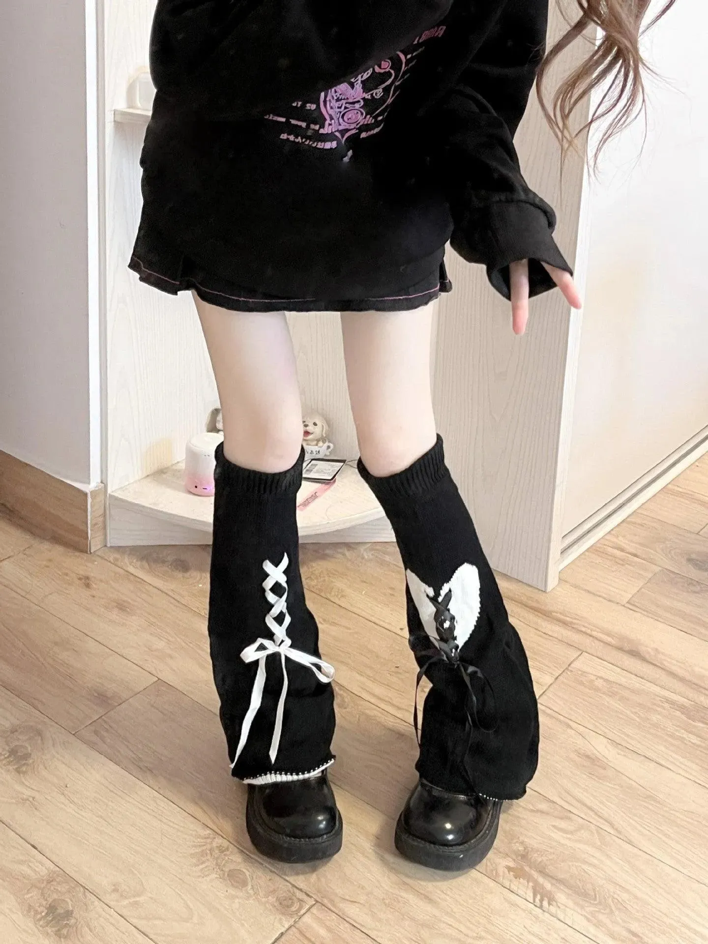 Y2K Outfits Black White Cute Leg Warmers with Ribbon and Heart